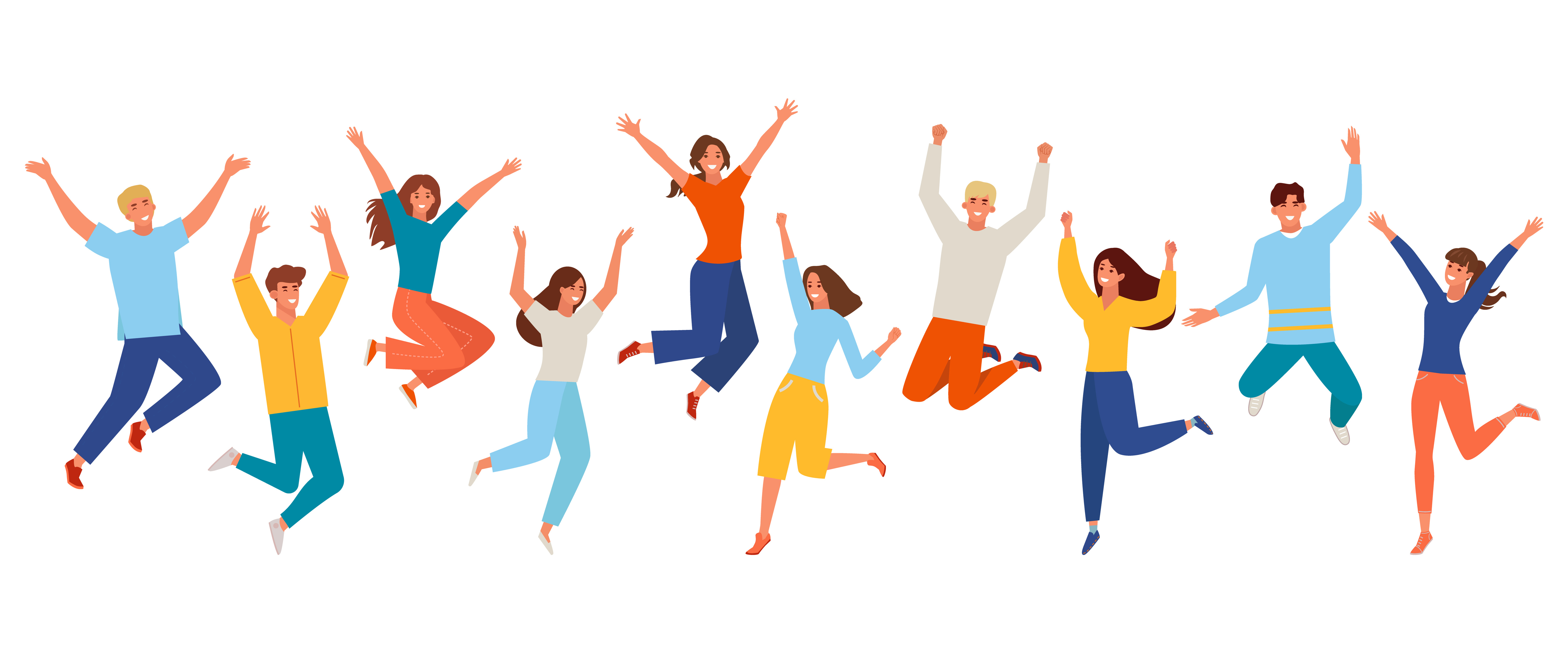 People happy jumping set. Young funny teens large group guy, girl, jumping together joy lifestyle celebration victory team smiling students celebrates success. Color cartoon vector.